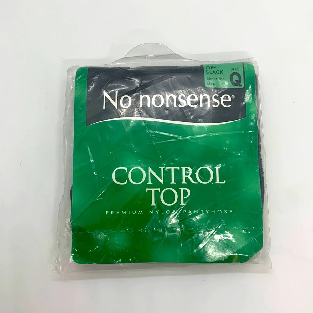 No Nonsense NIP Off Black Size Q Control Top Premium Nylon Pantyhose Sheer Toe